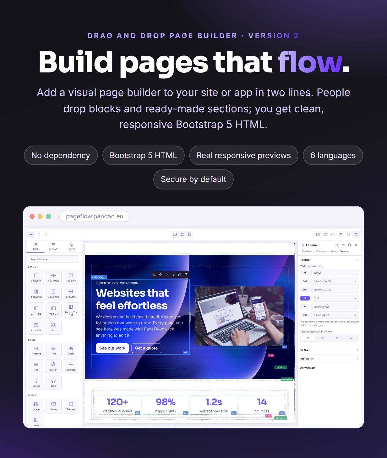 PageFlow 2, the drag and drop page builder that writes clean Bootstrap 5 HTML