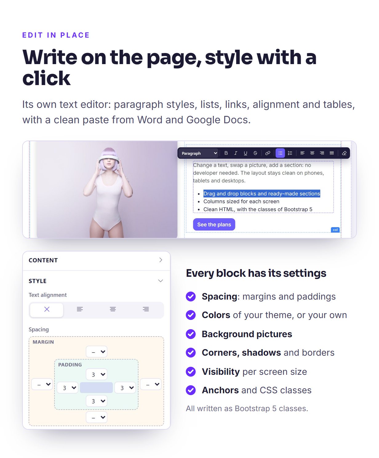 The text toolbar on the page, and the style settings of a block: spacing, colors, background pictures, corners and shadows