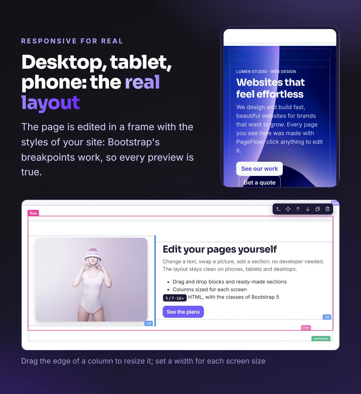The phone preview, and columns resized with the mouse