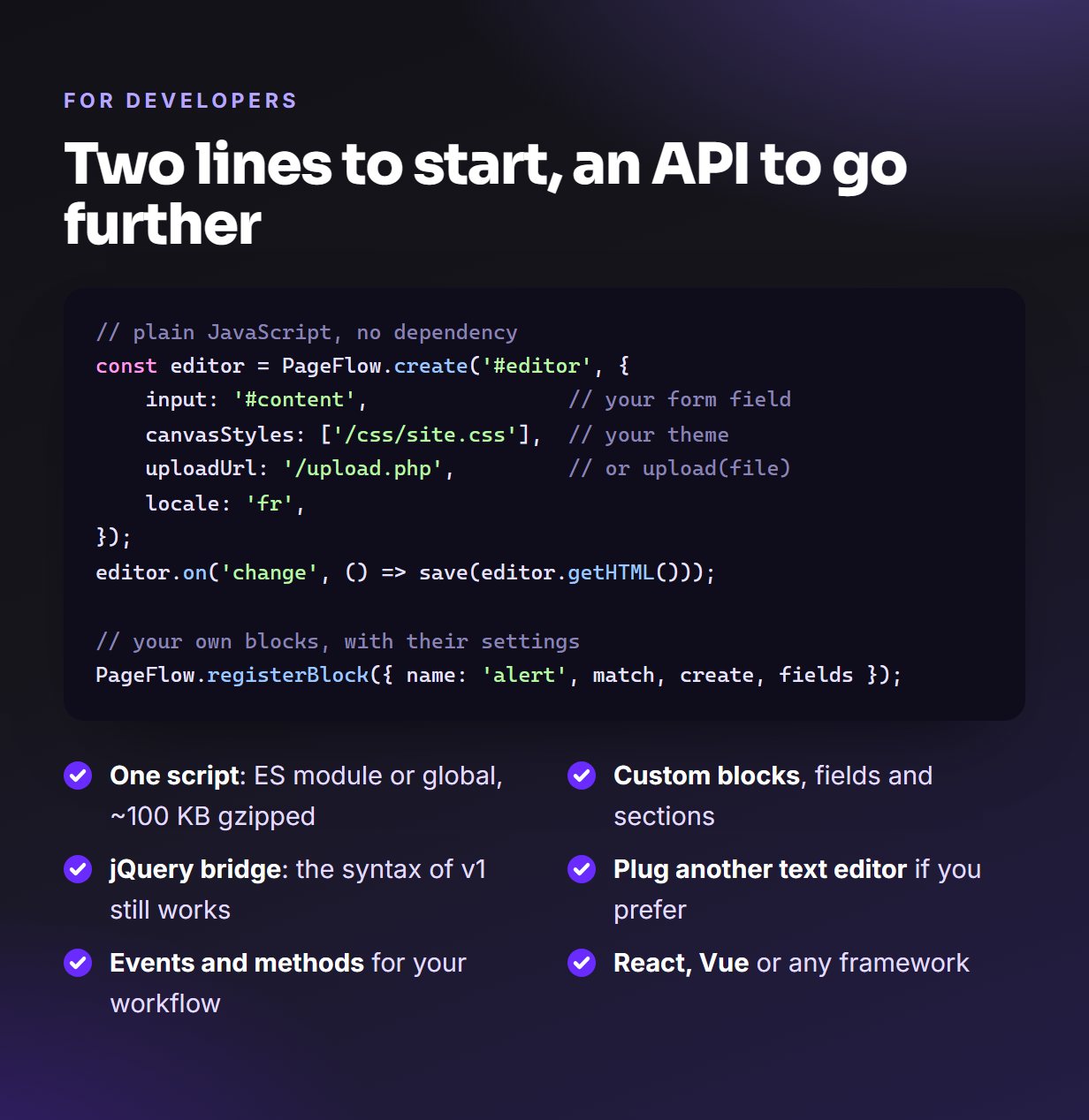 Two lines to start PageFlow, and its API for developers