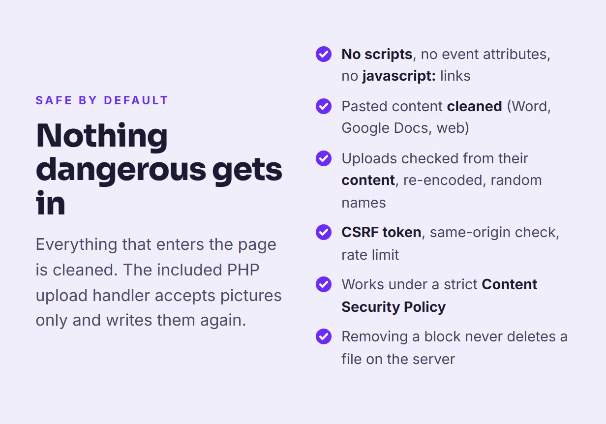 Security of PageFlow: cleaned content, checked uploads, CSRF token, Content Security Policy