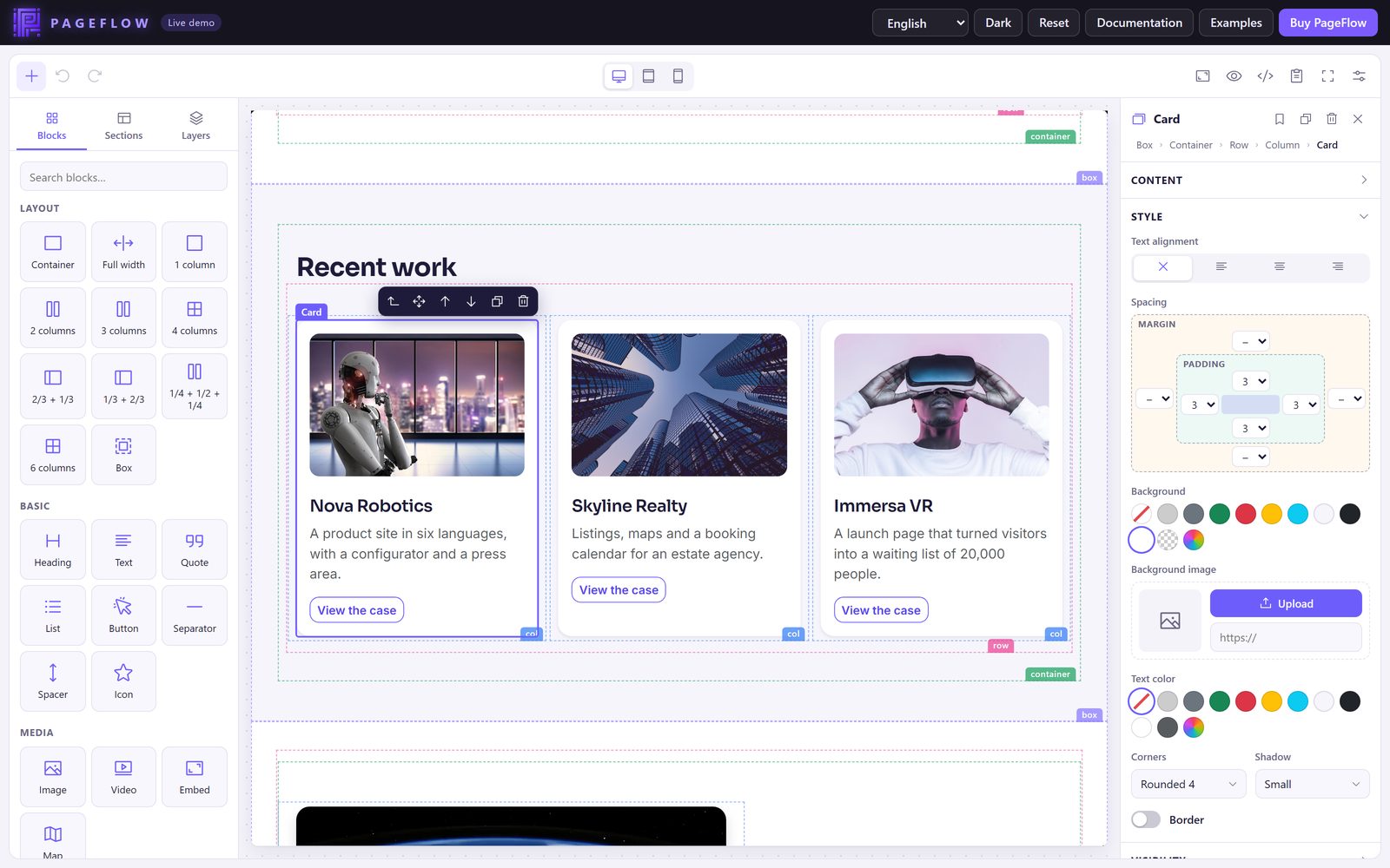 The style settings of a card: spacing, background, text color, corners and shadow