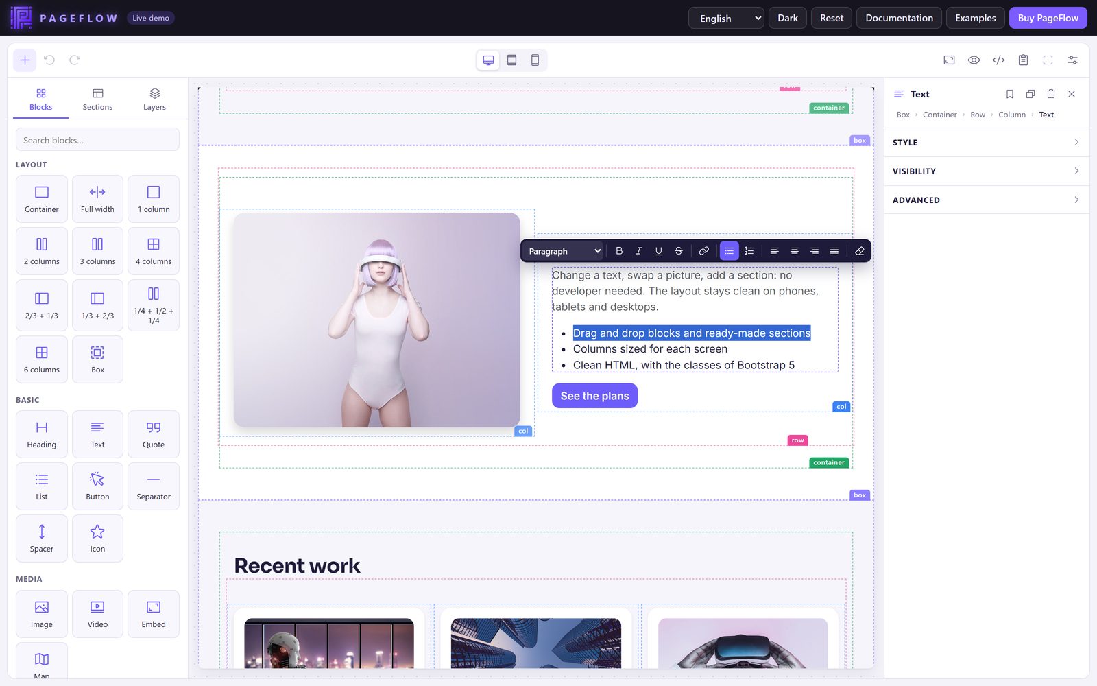 Editing a list with the text toolbar